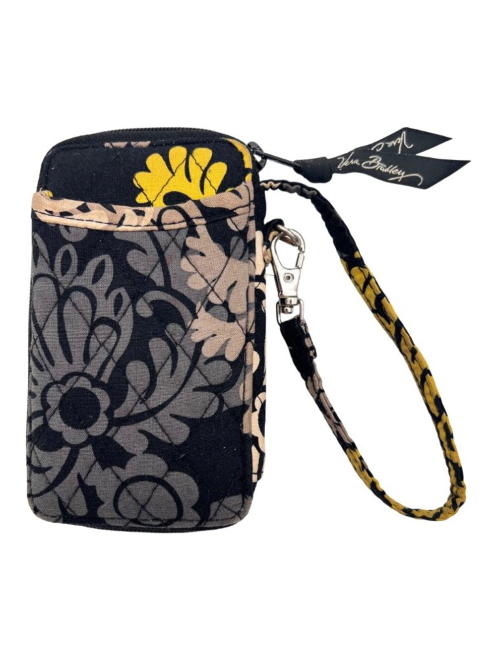 Vera Bradley Black Yellow Floral Print Wristlet Wallet ID Window Slots Zippered - Picture 2 of 6